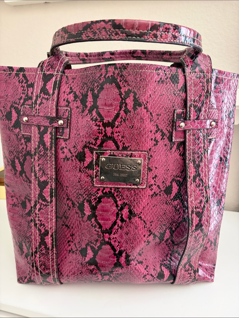 GUESS Pink and Black Snake-Print Tote Y2K snakeskin